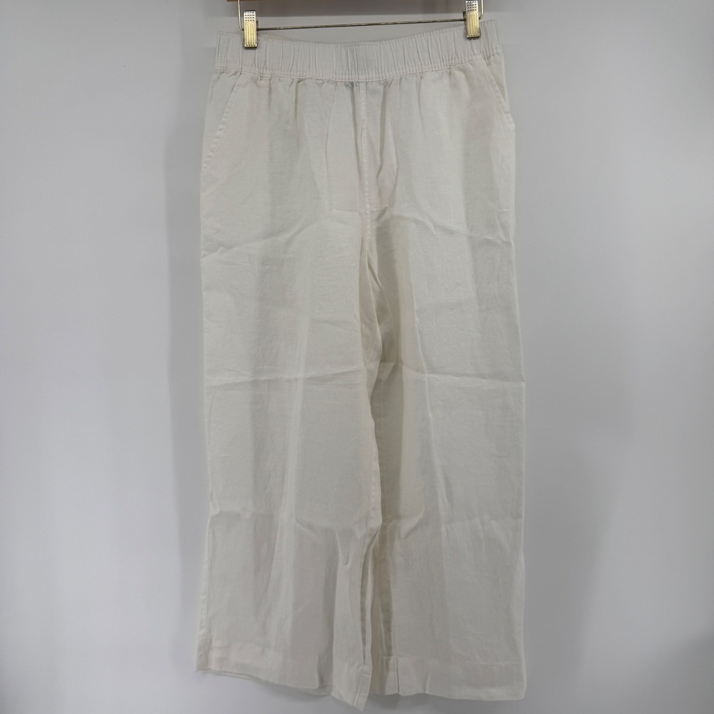 Tahari White 100% Linen Wide Leg Cropped Pants Elastic Waist Womens Medium